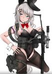  1girl 9a-91 9a-91_(girls&#039;_frontline) absurdres alternate_costume animal_ears assault_rifle bangs belt black_legwear black_leotard blue_eyes bow bowtie breasts bunny_ears bunny_tail cleavage covered_navel detached_collar fake_animal_ears fake_tail girls&#039;_frontline gun hair_ornament hand_on_hip highres large_breasts leotard long_hair looking_at_viewer pantyhose playboy_bunny pz-15 red_neckwear rifle scope silver_hair simple_background solo star_(symbol) star_hair_ornament strapless strapless_leotard tail thighband_pantyhose utility_belt weapon white_background wrist_cuffs 