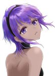  1girl ayamu_(igakato) back bangs dark-skinned_female dark_skin eyebrows_behind_hair eyebrows_visible_through_hair fate/grand_order fate/prototype fate_(series) hairband hassan_of_serenity_(fate) highres looking_at_viewer looking_back purple_eyes purple_hair short_hair simple_background solo upper_body white_background 