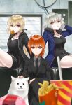  3girls absurdres ahoge animal artoria_pendragon_(all) ayamu_(igakato) bangs blonde_hair bread breasts bug building butterfly cavall_the_2nd coat dog dress eyebrows_behind_hair eyebrows_visible_through_hair fate/grand_order fate_(series) food french_fries fujimaru_ritsuka_(female) hair_between_eyes highres hood hooded_jacket hoodie in_mouth indoors insect jacket jeanne_d&#039;arc_(alter)_(fate) jeanne_d&#039;arc_(fate)_(all) jewelry long_hair looking_at_viewer multiple_girls necklace necktie night night_sky open_mouth orange_eyes orange_hair pants ponytail saber_alter shirt short_hair shorts silver_hair sitting sky wicked_dragon_witch_ver._shinjuku_1999 yellow_eyes 