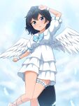  1girl absurdres alternate_costume angel_wings arm_up bangs black_eyes black_hair blue_bow bow commentary dress greater_lophorina_(kemono_friends) head_wings highres kemono_friends leg_garter looking_at_viewer open_mouth puffy_short_sleeves puffy_sleeves shiraha_maru short_hair short_sleeves solo tail white_dress wings wristband 