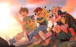  1girl 2boys :d ash_ketchum backpack bag bangs baseball_cap beanie black_gloves black_hair blue_eyes blue_hair boots brock_(pokemon) brown_hair clenched_hand clenched_hands closed_eyes collared_shirt commentary_request dawn_(pokemon) eyelashes fingerless_gloves floating_hair gen_1_pokemon gloves green_bag green_shirt hair_ornament hairclip hand_up hat highres hungry_seishin jumping legs_apart lens_flare long_hair multiple_boys open_mouth outdoors over-kneehighs pants pikachu pink_footwear pokemon pokemon_(anime) pokemon_(creature) pokemon_dppt_(anime) red_headwear scarf shirt shoes short_hair short_sleeves sleeveless smile spiked_hair thighhighs tongue |d 