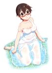  1girl barefoot blush breasts brown_eyes brown_hair cleavage collarbone dress glasses june_(ne_z_asa) k-on! large_breasts looking_at_viewer manabe_nodoka open_mouth shiny shiny_hair short_hair simple_background solo water wet wet_clothes white_background white_dress 