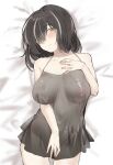 1girl arknights arm_above_head bangs bare_arms bare_shoulders bed_sheet black_chemise black_hair blush breasts breasts_apart camisole chemise commentary_request cowboy_shot eyebrows_visible_through_hair hand_on_own_chest head_tilt highres large_breasts long_hair looking_at_viewer lying magallan_(arknights) multicolored_hair on_back on_bed otsumami_(02mami) partial_commentary solo streaked_hair very_long_hair white_hair yellow_eyes 