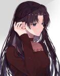  1girl bangs black_hair blue_eyes blush breasts commentary_request earrings fate/stay_night fate_(series) grey_background hand_up highres jewelry long_hair long_sleeves medium_breasts parted_bangs red_shirt shimatori_(sanyyyy) shirt simple_background solo thighhighs tohsaka_rin two_side_up 