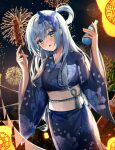  1girl bangs blue_eyes blue_hair bottle breasts chocolate_banana eyebrows_behind_hair eyebrows_visible_through_hair festival fireworks flag hair_between_eyes hair_ribbon highres holding japanese_clothes kimono lantern long_hair looking_at_viewer minttchocok night night_sky open_mouth original ponytail ribbon sky solo summer_festival yukata 