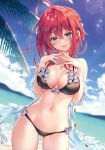  1girl ahoge bare_shoulders beach bikini black_bikini breasts cleavage cowboy_shot day front-tie_bikini front-tie_top green_eyes hands_up head_tilt large_breasts looking_at_viewer medium_hair navel off_shoulder outdoors red_hair riichu see-through sheer_clothes shinomiya_kouta shinomiya_kouta_wa_mada_shinenai smile solo steepled_fingers stomach string_bikini sunlight swimsuit thighs 