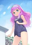  blue_eyes blue_swimsuit breasts cloud covered_navel from_below groin hairband highres laura_(precure) long_hair looking_down one-piece_swimsuit outdoors precure purple_hair school_swimsuit sky small_breasts smile swimsuit tenjou_ryuka thighs tropical-rouge!_precure 