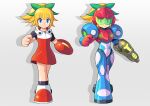  1girl absurdres bangs blonde_hair blue_eyes cosplay gloves green_ribbon highres long_hair looking_at_viewer mega_man_(classic) mega_man_(series) metroid metroid_dread ponytail power_suit ribbon roll_(mega_man) samus_aran sidelocks simple_background solo ultimatemaverickx varia_suit 