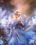 1girl bangs bare_shoulders blonde_hair blue_dress blue_eyes blue_headband blunt_bangs bug butterfly cattail cinderella cinderella_(disney) corset disney dress finger_to_mouth flower formal full_body gloves gown grass hair_bun headband insect off-shoulder_dress off_shoulder plant puffy_dress rose roytheart solo white_butterfly white_gloves 