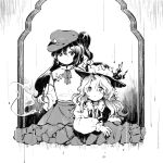  2girls cabbie_hat collared_shirt detached_sleeves dolls_in_pseudo_paradise flat_cap frilled_hat frills hat hat_feather jacket_girl_(dipp) juliet_sleeves kaigen_1025 label_girl_(dipp) long_hair long_sleeves monochrome multiple_girls pipe puffy_sleeves shirt side_ponytail skirt star_(symbol) touhou vest wavy_hair 