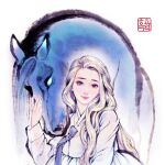  1girl alternate_costume animal blue_ribbon disney dress elsa_(frozen) frozen_(disney) frozen_ii_(disney) hanbok horse korean_clothes long_hair nokk_(frozen) petting purple_eyes ribbon traditional_clothes water_creature white_dress white_hair woohnayoung 