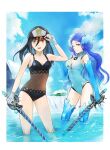  2girls bangs bare_shoulders black_hair black_swimsuit blush breasts brighid_(water_lily)_(xenoblade) brighid_(xenoblade) brown_eyes collarbone curvy fiery_hair fingerless_gloves gloves hair_between_eyes hat highres large_breasts long_hair looking_at_viewer military morag_ladair_(obligatory_leave)_(xenoblade) morag_ladair_(xenoblade) multiple_girls navel one-piece_swimsuit purple_eyes purple_hair short_hair simple_background small_breasts smile swimsuit uyumizyunco very_long_hair weapon whip_sword white_gloves xenoblade_chronicles_(series) xenoblade_chronicles_2 