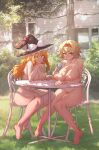  2girls alice_margatroid barefoot black_headwear blonde_hair braid breasts chair commentary_request completely_nude cup drinking drinking_glass drinking_straw female_pubic_hair full_body grass green_eyes hairband hat highres kirisame_marisa large_breasts long_hair looking_at_viewer multiple_girls nipple_tweak nipples nude on_chair outdoors pubic_hair red_hairband senmuts short_hair single_braid sitting sweat table touhou witch_hat yellow_eyes yuri 