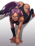  1girl all_fours ass backless_outfit bangs black_bodysuit bleach bodysuit breast_squeeze breasts dark-skinned_female dark_skin floating_hair hair_ribbon highres long_hair looking_at_viewer medium_breasts parted_bangs purple_hair red_ribbon ribbon shihouin_yoruichi shiny shiny_hair shiny_skin solo toin_(koto54576897) tongue tongue_out uneven_sleeves v-shaped_eyebrows very_long_hair yellow_eyes 