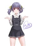  1girl character_name commentary_request cowboy_shot dress grey_hair highres kantai_collection long_sleeves looking_at_viewer ooshio_(kancolle) pinafore_dress purple_eyes remodel_(kantai_collection) shirt short_hair short_twintails simple_background smile solo standing t2r twintails white_background white_shirt 