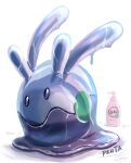  closed_mouth commentary_request full_body gen_6_pokemon goomy highres lotion_bottle no_humans penta_oekaki pokemon pokemon_(creature) purple_eyes signature slimy solo white_background 