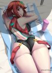  1girl ass ass_focus bangs beach beach_towel blush bottle breasts earrings excaliblader eyebrows_visible_through_hair highres jewelry looking_at_viewer looking_back lotion lotion_bottle lying on_stomach one-piece_swimsuit parted_lips pyra_(xenoblade) red_eyes red_hair sand shade shadow short_hair solo sunscreen super_smash_bros. suspenders swimsuit tiara towel xenoblade_chronicles_(series) xenoblade_chronicles_2 
