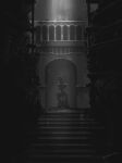  1boy artist_name bloodborne boots cage capelet chair coat commentary grey_theme highres light micolash_host_of_the_nightmare monochrome pants scenery sitting solo stairs tripdancer 