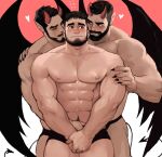  3boys :s abs bara beard black_male_underwear blush boy_sandwich briefs bulge covering covering_crotch crotch_grab demon_boy demon_horns demon_wings facial_hair fingernails groping group_sex highres horns interspecies jang_ju_hyeon kiss kissing_neck large_pectorals male_focus male_underwear mature_male mmm_threesome monster_boy multiple_boys muscular muscular_male navel navel_hair nipples original pectorals pointy_ears reward_available sandwiched sharp_fingernails short_hair stomach thick_eyebrows thick_thighs thighs threesome underwear underwear_only wings yaoi 