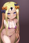  1girl abigail_williams_(fate) absurdres bangs bikini blonde_hair blue_eyes blush breasts collarbone fate/grand_order fate_(series) forehead highres keyhole licking_lips long_hair looking_at_viewer micro_bikini naughty_face navel open_mouth parted_bangs shimejinameko sidelocks small_breasts swimsuit tongue tongue_out very_long_hair 