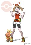  1girl absurdres bike_shorts black_shorts breasts brown_hair collarbone full_body gen_3_pokemon grey_eyes grin highres long_hair looking_at_viewer may_(pokemon) pokemon pokemon_(creature) pokemon_(game) pokemon_oras red_shirt shiny shiny_hair shirt short_shorts shorts shorts_under_shorts sleeveless sleeveless_shirt small_breasts smile solo standing starter_pokemon teru_zeta torchic twintails twitter_username white_shorts yellow_footwear 