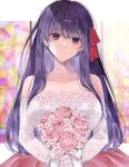  1girl absurdres bangs bare_shoulders blue_eyes blurry blurry_background blush bouquet breasts collarbone commentary_request dress elbow_gloves eyebrows_visible_through_hair fate/stay_night fate_(series) flower gloves hair_ribbon highres large_breasts long_hair looking_at_viewer matou_sakura parted_lips pink_flower purple_hair red_ribbon ribbon shimatori_(sanyyyy) smile solo teeth wedding_dress white_gloves 