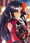  1girl absurdres bangs black_hair blurry blurry_background blush character_mask closed_mouth eyebrows_visible_through_hair fan fate/grand_order fate_(series) fujimaru_ritsuka_(female) gauntlets highres holding holding_fan katou_danzou_(fate) long_hair looking_at_viewer looking_back mask mask_on_head moyashi_(pixiv44153669) red_scarf scarf shiny shiny_hair shoulder_blades smile solo symbol-shaped_pupils upper_body very_long_hair yellow_eyes 