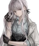  1girl alternate_breast_size alternate_costume alternate_hair_color alternate_hairstyle bangs black_gloves black_ribbon braid closed_mouth collarbone collared_shirt danganronpa:_trigger_happy_havoc danganronpa_(series) gloves grey_eyes grey_jacket grey_shirt hair_ribbon hand_in_hair jacket jacket_on_shoulders kirigiri_kyouko long_hair looking_at_viewer muuyiie ribbon shirt side_braid simple_background solo symbol_commentary upper_body white_background white_shirt 