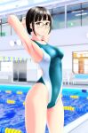  1girl absurdres armpits arms_behind_head bangs bench black_hair blunt_bangs brown_eyes competition_swimsuit cowboy_shot glasses green_swimsuit highres indoors lane_line looking_at_viewer multicolored multicolored_clothes multicolored_swimsuit one-piece_swimsuit original pool short_hair solo standing swimsuit takafumi two-tone_swimsuit 