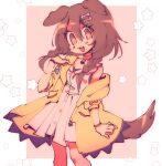  1girl :d animal_collar animal_ears bangs blue_bow bone_hair_ornament bow bracelet braid brown_eyes brown_hair buttons collar dog_ears dog_girl dog_tail dress fangs hair_between_eyes hair_ornament hairclip highres hololive inugami_korone jacket jewelry long_hair looking_at_viewer low_twin_braids off_shoulder open_mouth pink_background rambamboo red_bow red_collar short_dress smile solo star_(symbol) tail twin_braids virtual_youtuber white_background white_dress yellow_jacket 