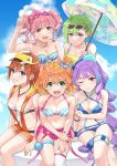  5girls bikini blue_bikini blue_eyes blue_hair breasts brown_eyes collarbone eyewear_on_head flower freyja_wion green_eyes green_hair hair_behind_ear hair_flower hair_ornament hairclip heart heart_hair_ornament highres holding holding_umbrella jewelry kaname_buccaneer leaning_forward macross macross_delta makina_nakajima medium_breasts midriff mikumo_guynemer multicolored_hair multiple_girls navel necklace one_eye_closed open_hand oq pink_hair pointy_ears ponytail purple_eyes purple_hair red_eyes reina_prowler short_hair short_sidetail sitting smile streaked_hair sunglasses swimsuit twintails umbrella walkure_(macross_delta) white_flower 