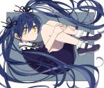  1girl bangs black_ribbon blue_footwear blue_hair border closed_mouth collar commentary_request expressionless fetal_position floating floating_hair frilled_shirt_collar frills full_body grey_background hair_between_eyes hair_ribbon hands_on_own_legs long_hair looking_at_viewer original outside_border ribbon short_sleeves socks solo sou_(tuhut) twintails very_long_hair white_border white_collar white_legwear yellow_eyes yellow_pupils 
