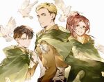  1girl 2boys bird black_hair blonde_hair cloak dove erwin_smith glasses green_cloak hange_zoe height_difference highres levi_(shingeki_no_kyojin) military military_jacket military_uniform multiple_boys shingeki_no_kyojin uniform yuji_(fantasia) 