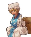  1girl blonde_hair breasts brown_eyes chanta_(ayatakaoisii) fox_tail hat invisible_chair large_breasts multiple_tails pillow_hat short_hair simple_background sitting solo tabard tail touhou white_background white_headwear yakumo_ran 