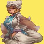  1girl blonde_hair blush breasts brown_eyes chanta_(ayatakaoisii) dress eyebrows_visible_through_hair fox_tail full_body hat large_breasts long_sleeves looking_at_viewer multiple_tails pillow_hat short_hair simple_background sitting solo tabard tail touhou white_dress white_headwear yakumo_ran yellow_background 