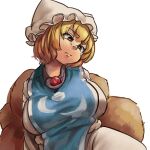  1girl blonde_hair breasts brown_eyes chanta_(ayatakaoisii) dress eyebrows_visible_through_hair fox_tail hat large_breasts looking_at_viewer multiple_tails pillow_hat short_hair simple_background solo tabard tail touhou white_background white_dress white_headwear yakumo_ran 