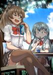  2girls aqua_hair blue_sky brown_hair brown_legwear brown_skirt cloud commentary_request crossed_legs dappled_sunlight day dress_shirt frilled_skirt frills green_eyes hair_ornament hairclip highres ice_cream_bar kantai_collection kumano_(kancolle) long_hair multiple_girls one_eye_closed orange_neckwear outdoors panties pantyshot pleated_skirt ponytail remodel_(kantai_collection) school_uniform shirt sitting skirt sky spoon sunlight suzuya_(kancolle) table thighhighs tree underwear white_panties white_shirt yo-suke 