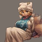  1girl blonde_hair breasts brown_eyes chanta_(ayatakaoisii) dress eyebrows_visible_through_hair feet_out_of_frame fox_tail grey_background hat invisible_chair large_breasts long_sleeves multiple_tails pillow_hat short_hair simple_background sitting solo tabard tail touhou white_dress white_hair yakumo_ran yellow_eyes 