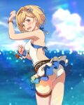  1girl @_@ absurdres ass back bangs belly_chain blonde_hair blue_sky blurry blurry_background blush bob_cut bracelet brown_eyes brown_hairband cloud cloudy_sky commentary_request cowboy_shot day djeeta_(granblue_fantasy) from_behind frown granblue_fantasy hair_ornament hairband halterneck hanosuke highres horizon jewelry leaning_forward looking_at_viewer looking_back ocean one-piece_swimsuit open_mouth outdoors scrunchie short_hair sky solo standing swept_bangs swimsuit swimsuit_skirt thigh_strap white_swimsuit wrist_scrunchie 