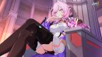  1girl black_legwear blue_eyes breasts bright_pupils cleavage closed_mouth crossed_legs elysia_(honkai_impact) faulds game_cg gloves hair_ornament hand_to_own_mouth highres honkai_(series) honkai_impact_3rd indoors large_breasts long_hair official_art partially_fingerless_gloves pink_hair pointy_ears short_shorts shorts sitting solo thighhighs throne 