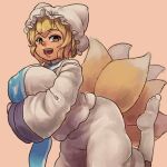  1girl blonde_hair breasts brown_eyes chanta_(ayatakaoisii) dress fox_tail hands_in_opposite_sleeves hat large_breasts long_sleeves looking_at_viewer multiple_tails open_mouth pillow_hat pink_background short_hair simple_background smile socks solo tabard tail touhou white_dress white_headwear white_legwear yakumo_ran 