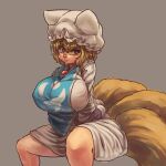 1girl blonde_hair breasts bright_pupils brown_eyes chanta_(ayatakaoisii) dress fox_tail grey_background hat invisible_chair large_breasts multiple_tails pillow_hat short_hair simple_background sitting solo tabard tail touhou white_dress white_headwear white_pupils yakumo_ran 