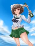  1girl akiyama_yukari arm_behind_head arm_up bangs black_neckwear blouse blue_sky brown_eyes brown_hair closed_mouth cloud cloudy_sky commentary_request day e_gs310 explosive eyebrows_visible_through_hair girls_und_panzer green_skirt grenade highres holding_grenade long_sleeves looking_at_viewer messy_hair miniskirt neckerchief ooarai_school_uniform outdoors pleated_skirt sailor_collar school_uniform serafuku short_hair skirt sky smile solo standing stielhandgranate white_blouse white_sailor_collar 