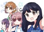  4girls ahoge akebono_(kancolle) bandaid bandaid_on_face black_hair blue_swimsuit brown_eyes brown_hair casual_one-piece_swimsuit drinking_straw hair_bobbles hair_ornament heart heart-shaped_eyewear highres kantai_collection long_hair looking_at_viewer multiple_girls oboro_(kancolle) one-piece_swimsuit pink_hair polka_dot polka_dot_swimsuit purple_eyes purple_hair sazanami_(kancolle) short_hair star-shaped_eyewear swimsuit tenyako_(mirasato24) twintails twitter_username upper_body ushio_(kancolle) 