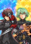  2boys amamiya_ren arsene_(persona_5) black_hair brown_hair byleth_(fire_emblem) byleth_(fire_emblem)_(male) cape closed_mouth doumoto fire_emblem fire_emblem:_three_houses glasses gloves green_eyes green_hair highres holding jacket long_sleeves looking_at_viewer male_focus mask multiple_boys open_mouth persona persona_5 red_eyes red_gloves short_hair simple_background smile sothis_(fire_emblem) super_smash_bros. sword_of_the_creator 
