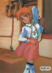  1980s_(style) 1girl bangs blouse blue_eyes casual character_name elpeo_puru feet_out_of_frame gundam gundam_zz high-waist_skirt indoors long_sleeves looking_at_viewer official_art orange_hair over-kneehighs parted_lips pink_neckwear pink_skirt pleated_skirt retro_artstyle school_briefcase shirt_tucked_in short_hair skirt smile solo thighhighs 