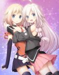  2girls :d ahoge bangs bare_shoulders black_choker black_gloves black_legwear black_shirt blonde_hair blue_eyes blush brown_dress cevio choker collarbone dress elbow_gloves eyebrows_visible_through_hair eyes_visible_through_hair fingerless_gloves gloves grey_hair hair_over_one_eye ia_(vocaloid) long_hair long_sleeves looking_at_viewer looking_to_the_side multiple_girls murano off_shoulder one_(cevio) open_mouth pink_skirt pleated_skirt shirt skirt sleeveless sleeveless_dress sleeves_past_wrists smile thighhighs very_long_hair vocaloid 