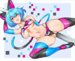  1girl abstract_background animal_ears bangs black_footwear blue_background blue_eyes blue_hair blush borrowed_character breasts collarbone covered_nipples elbow_gloves eyebrows_visible_through_hair feet_out_of_frame gloves hair_between_eyes heterochromia looking_at_viewer medium_hair melusmelon multicolored multicolored_clothes multicolored_gloves multicolored_legwear navel open_mouth original outside_border pink_eyes pole pole_dancing shadow shiny shiny_hair shoes skindentation solo striped striped_gloves striped_legwear striped_tail tail thick_thighs thighhighs thighs tongue tongue_out vomi_agogo 