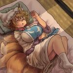  1girl animal_ears blonde_hair breasts chanta_(ayatakaoisii) closed_eyes dress fox_ears fox_tail full_body hat large_breasts long_sleeves lying multiple_tails no_shoes open_mouth parted_lips pillow pillow_hat shadow short_hair sleeping socks solo tabard tail touhou white_dress white_headwear white_legwear wide_sleeves yakumo_ran 