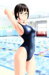  1girl absurdres armpits arms_behind_head bangs bench black_hair black_swimsuit blunt_bangs brown_eyes commentary_request competition_swimsuit cowboy_shot glasses highres huge_filesize indoors lane_line looking_at_viewer one-piece_swimsuit original pool short_hair solo standing swimsuit takafumi 